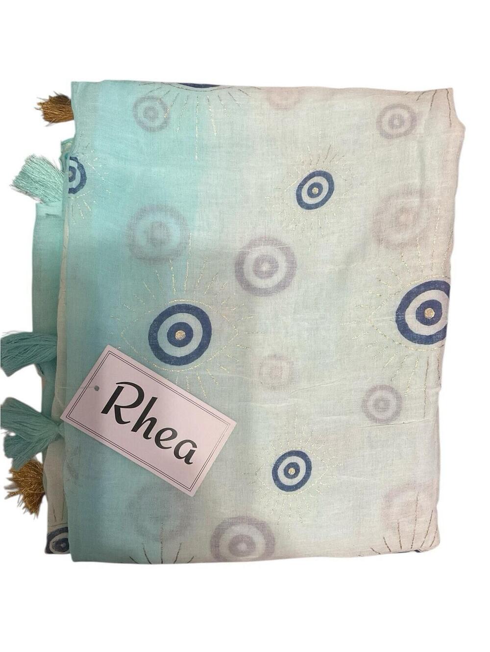 Rhea Evil Eye Scarf White Aqua Ombre Cotton Tassel Boho Wrap Shawl NWT A23